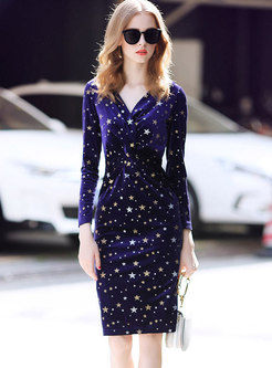 Elegant Velvet Stars Pattern V-neck Sheath Dress
