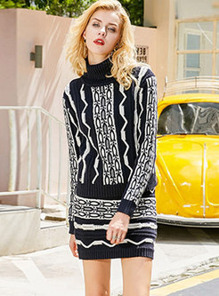 Chic Striped O-neck Knitted Sweater & ELastic Waist Mini Skirt
