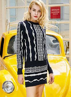 Chic Striped O-neck Knitted Sweater & ELastic Waist Mini Skirt