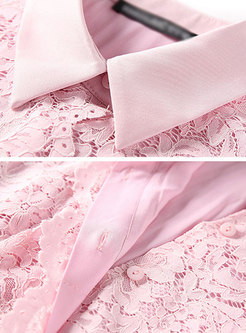 Pink Lapel Three Quarters Sleeve Slim Lace Dress
