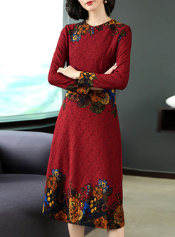 Elegant O-neck Long Sleeve Embroidered Waist Dress