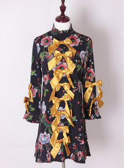 Vintage Mandarin Collar Bowknot Print Mini Dress