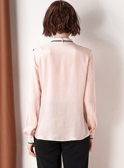 Stylish Color-blocked Stand Collar Bowknot Single-breasted Blouse