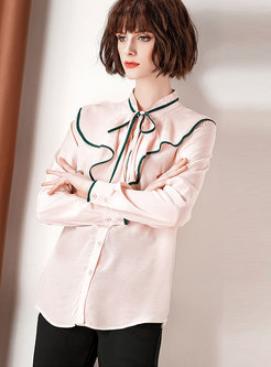 Stylish Color-blocked Stand Collar Bowknot Single-breasted Blouse