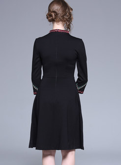 Stylish Embroidered V-neck Slim Skater Dress