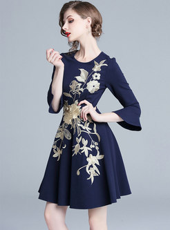 Elegant Flare Sleeve Embroidered A Line Dress