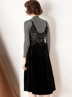 Fashion Silver Elastic Top & Stitching Strap Big Hem Dress