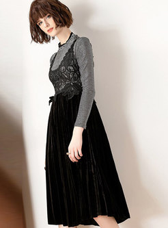 Fashion Silver Elastic Top & Stitching Strap Big Hem Dress