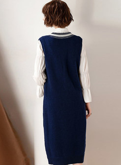 White Tie-neck Bowknot Blouse & V-neck Sleeveless Sweater Dress