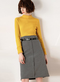 Yellow Knitted Long Sleeve Sweater & High-rise Belted Midi Skirt