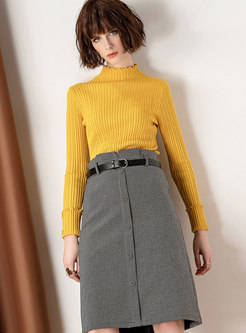 Yellow Knitted Long Sleeve Sweater & High-rise Belted Midi Skirt