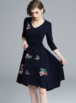 Trendy V-neck Embroidered Irregular Big Hem Dress