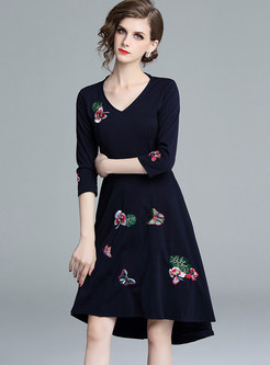 Trendy V-neck Embroidered Irregular Big Hem Dress