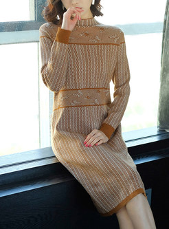 Trendy Turtle Neck Print Slim Knitted Dress