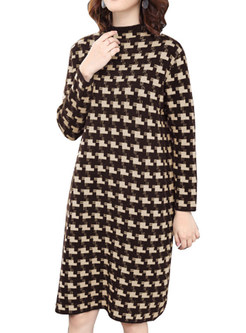 Fashion Houndstooth Plus Size Loose Knitted Dress