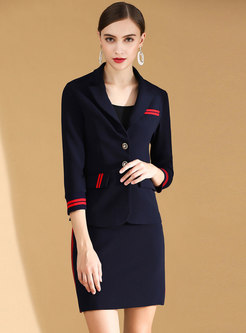 Fashion Navy Notched Blazer & Mini Wrap Sheath Skirt