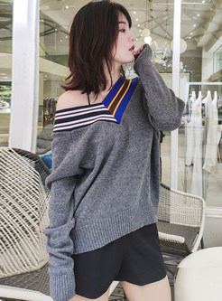 Color-blocked V-neck Long Sleeve Pullover Sweater