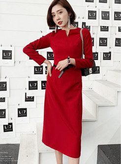 Elegant Wine Red Long Sleeve Slim Mid-claf Dress