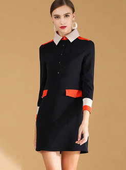 Stylish Contrast-collar High Waist Mini Autumn Dress