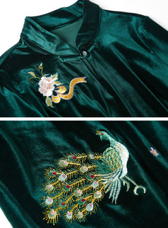 Green Mandarin Collar Embroidered Top & High-rise Skinny Pants