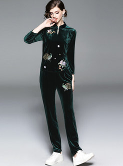 Green Mandarin Collar Embroidered Top & High-rise Skinny Pants