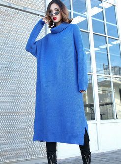 Casual Blue Solid Turtle Neck Knitted Loose Dress