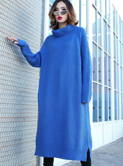 Casual Blue Solid Turtle Neck Knitted Loose Dress
