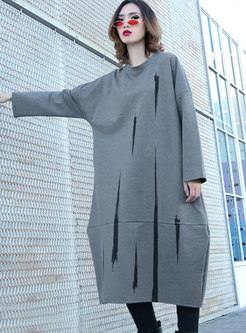 Fashion Crew-neck Long Sleeve Plus Size Dress