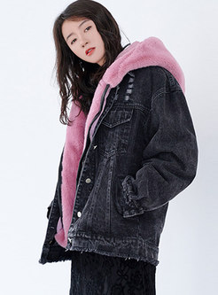 Trendy Pink Hooded Denim Thicken Short Coat