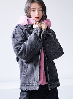 Trendy Pink Hooded Denim Thicken Short Coat