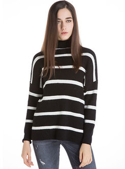 Striped High Neck Loose Knitted Sweater