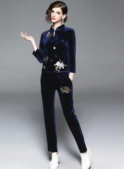 Navy Mandarin Collar Embroidered Top & High-rise Skinny Pants