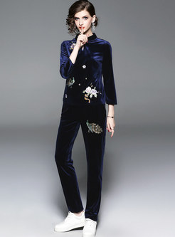 Navy Mandarin Collar Embroidered Top & High-rise Skinny Pants