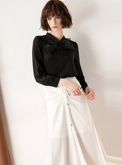 Black Tie-neck Blouse & White High Waist Asymmetric Skirt