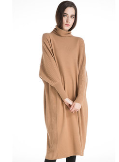 Solid Color High Neck Bat Sleeve Loose Knitted Dress