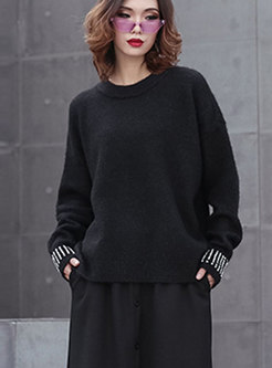 Casual Black O-neck Long Sleeve Knitted Top