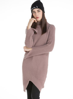 Pure Color High Neck Slit Asymmetric Knitted Dress