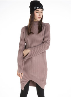 Pure Color High Neck Slit Asymmetric Knitted Dress