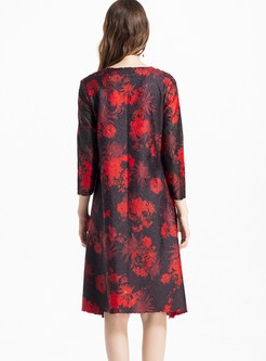 Fashion O-neck Long Sleeve Print Pleated Dress
