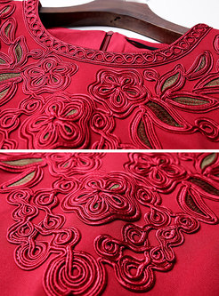 Elegant Red Crew-neck Embroidered Skater Dress