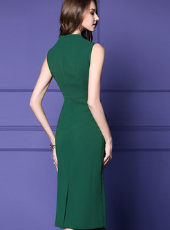 Green V-neck Sleeveless High Waist Sheath Dress
