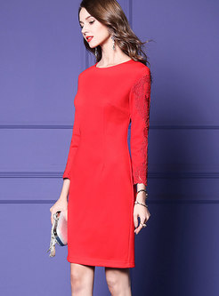 Red O-neck Long Sleeve Beaded Knee-length Wrap Dress