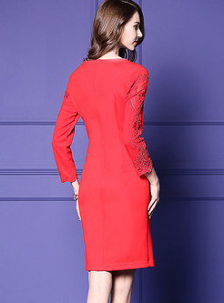 Red O-neck Long Sleeve Beaded Knee-length Wrap Dress