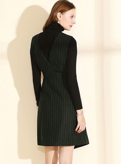 Striped V-neck Sleeveless Asymmetric Slim Dress