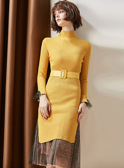 Yellow High Neck Belted Sheath Long Sweater & Stars Print Gauze Skirt