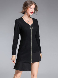 Woolen Splicing O-neck Asymmetric Zipper Slim Dress