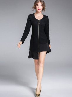 Woolen Splicing O-neck Asymmetric Zipper Slim Dress