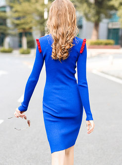 Color-blocked V-neck Knitted Bodycon Dress