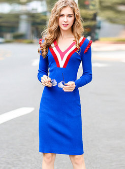 Color-blocked V-neck Knitted Bodycon Dress