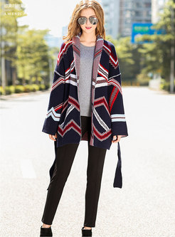Multi Color Turn Down Collar Belted Cardigan